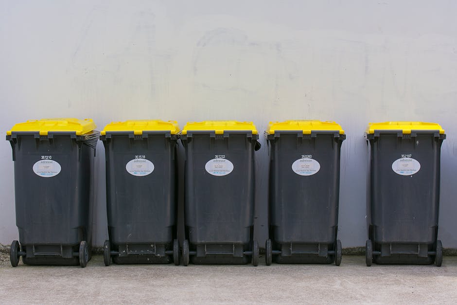 A row of five large, black wheeled rubbish bins with bright yellow lids, positioned on a concrete pavement against a plain, light-colored wall. Each bin has a white oval label with black text and barcodes, and they are aligned neatly in a straight line, with some showing slight scratches or scuffs on their surfaces. The setting appears to be an outdoor area, possibly a service yard or alleyway, with soft, diffused natural lighting illuminating the scene. The bins are used for waste collection and disposal, and their sturdy plastic construction indicates they are designed for regular rubbish handling. This image, associated with a rubbish removal service, subtly reflects the concept of private waste management or alternative rubbish collection options outside of local authority services, emphasizing independent and on-site clearance solutions provided by companies like rubbishremovalcrystalpalace.com.
