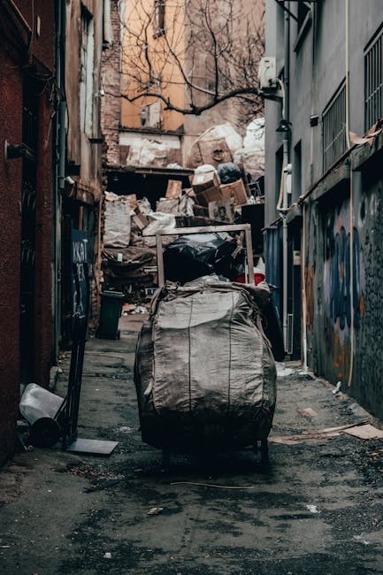The image shows the rear section of a white cargo van parked on a city street, with three large blue rubbish bags placed on the ground close to the vehicle's back. The rubbish bags are made of plastic, appear full, and are loosely tied at the top, with slight wrinkles and creases visible on their surfaces. Behind the van, part of a modern building with a glass entrance door and a white wall feature can be seen, suggesting an urban environment. The van's taillight is visible on the left side, and the vehicle’s rear doors are closed. The pavement is smooth, and there is a small curb separating the street from the sidewalk. The scene reflects an area where waste may be temporarily collected for disposal or private rubbish removal, aligned with services like those offered by rubbishremovalcrystalpalace.com. The overall atmosphere is neutral and utilitarian, focused on the practical act of waste collection and on-site clearance activities related to rubbish removal.
